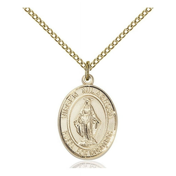 Gold Filled Virgen Milagrosa Pendant 3/4 x 1/2 inches with 18 inch Gold Filled Curb Chain