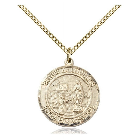 Gold Filled Virgen de Lourdes Pendant 3/4 x 5/8 inches with 18 inch Gold Filled Curb Chain