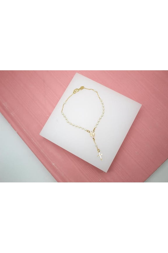 Gold Filled Virgin Mary and Cross Charm Bracelet with Pearls (I218A)