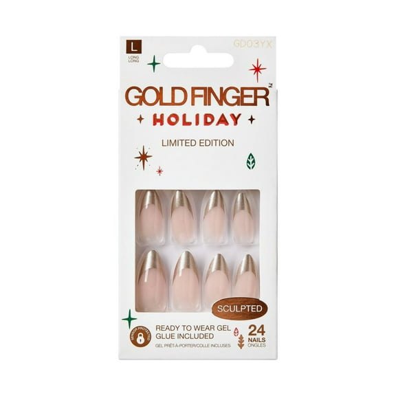 Gold Finger 24 Pcs Holiday Press On Nails – Christmas French Tip Square Coffin Oval Fake Nails, Long-Lasting Glossy Glitter [GD03YX]