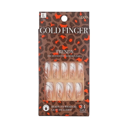 GoldFinger Full Cover White French Design Press on Nails Ready to Wear Gel Manicure Long Nails, Salon Result, Long lasting Durable, MIni Glue Included