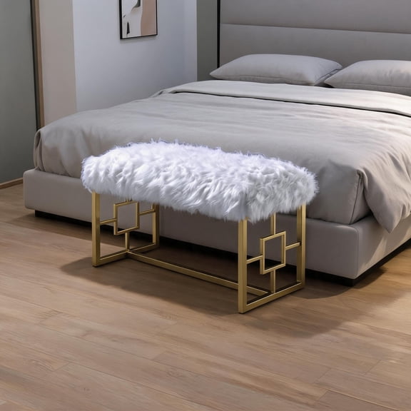Gold Finish Bench with Plush Faux Fur Upholstered Seat, Luxury 38-Inch Backless Bench