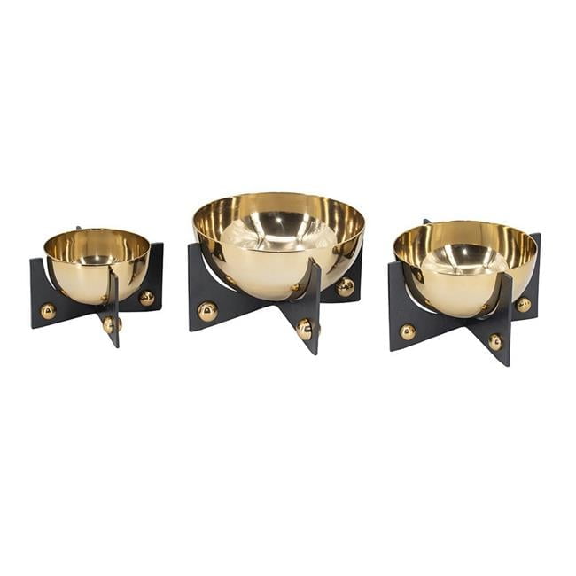 Gold Finish Aluminum Round Decorative Bowls with Black Stand - Set of 3