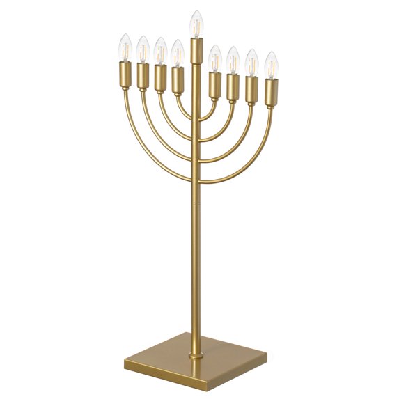 Gold Finish Modern Contemporary Hanukkah Menorah with Remote Control for Home, Office, or Kitchen, LED Light Bulbs, and Remote Control for Easy Daily Hanukkah Lighting Sequence
