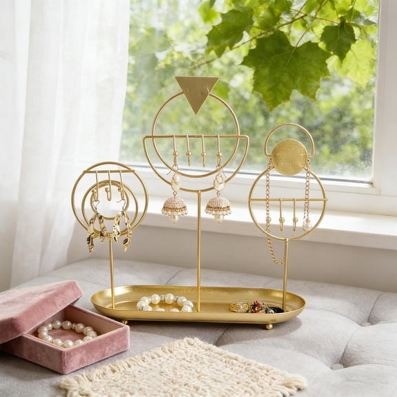 Gold Wrought Iron Jewelry Display Stand with Multi Tier Hanging Slots and Tray, Versatile Earring Necklace Bracelet Organizer for Vanity Dresser, European Style Storage Rack for Home