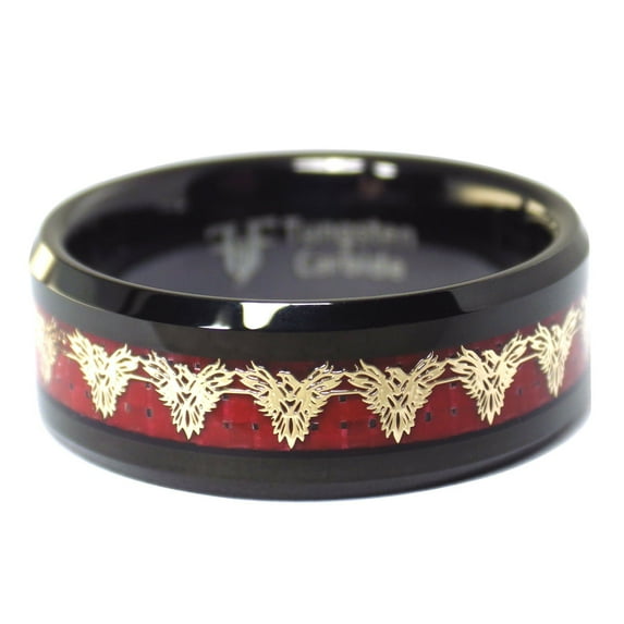 Gold Firebird Phoenix Black Tungsten Ring with Red Carbon Fiber