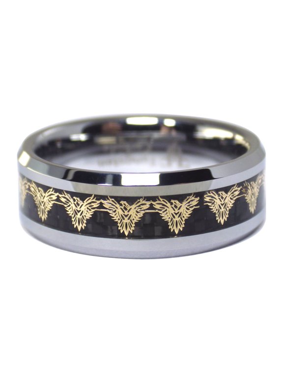 Gold Firebird Phoenix Silver Tungsten Ring with Black Carbon Fiber