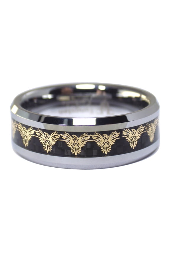 Gold Firebird Phoenix Silver Tungsten Ring with Black Carbon Fiber