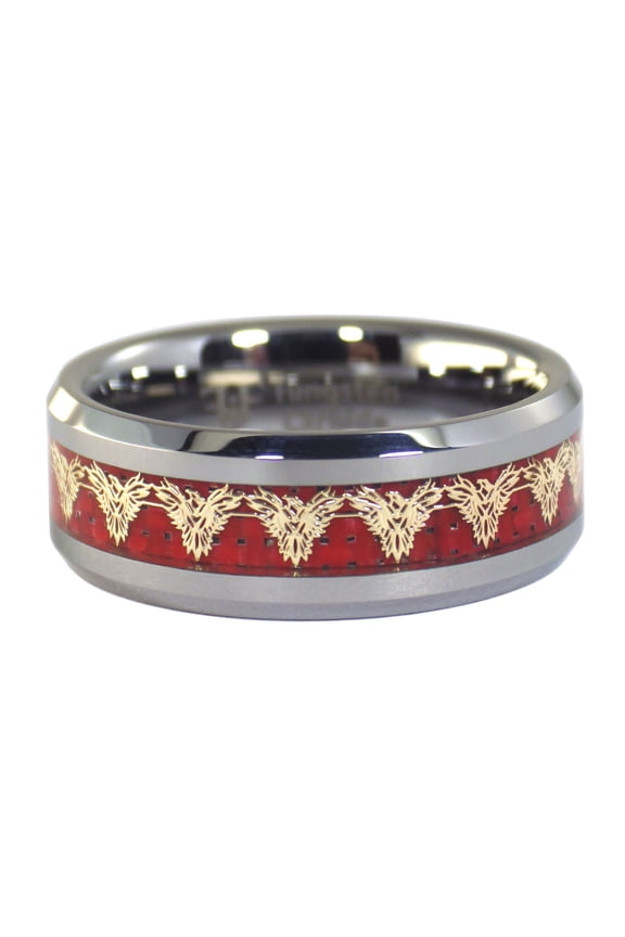 Gold Firebird Phoenix Silver Tungsten Ring with Red Carbon Fiber