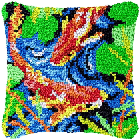 Gold Fish Latch Hook Kits Pillow Cover DIY Rug Making Crochet Hook Cushion Making Kits with Preprinted Pattern Canvas DIY Needlework Crochet Kits Sofa Decor 43x43cm