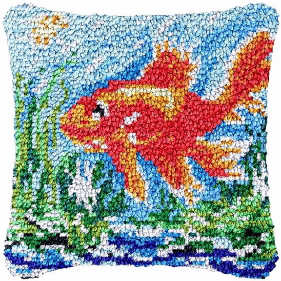 Gold Fish Latch Hook Kits Pillow DIY Rug Crochet Hook Cushion Making Kits Printed Pattern Canvas Crochet Needlework Hooking Pillow Cover Easy to Starter DIY Kits 43x43cm
