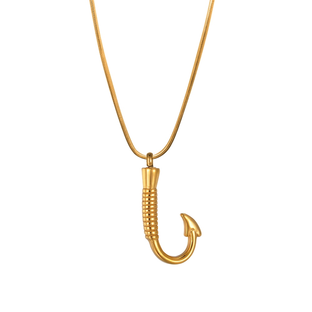 Gold Fishing Hook Cremation Urn Pendant Necklace Memorial Jewelry with Free Funnel Kit and Velvet Jewelry Box