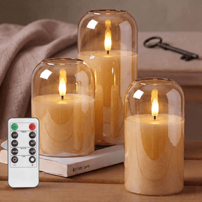 Goyuon Battery Operated LED Flameless Candles with Remote and Timer, Real Wax Candles Warm Color Flickering Light for Festival Wedding Home Party Decor(Pack of 3)-Gold