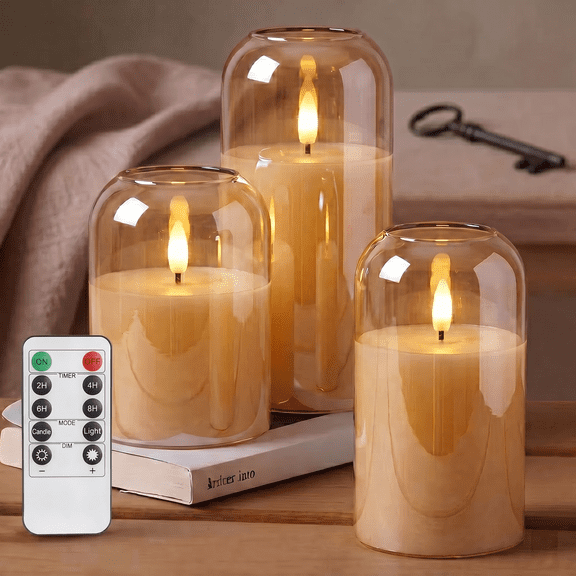 Goyuon Battery Operated LED Flameless Candles with Remote and Timer, Real Wax Candles Warm Color Flickering Light for Festival Wedding Home Party Decor(Pack of 3)-Gold