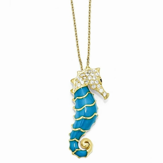 Gold-Flashed Sterling Silver Enameled Cubic Zirconia Seahorse Necklace - 18 Inch - Measures 16mm Wide