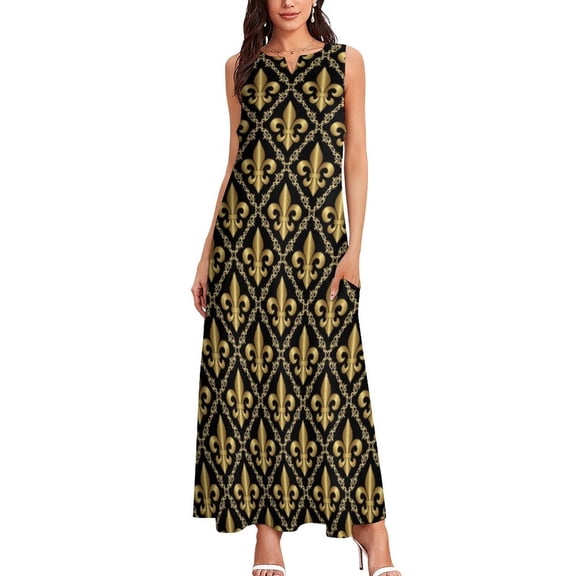 Gold Fleur-de-Lis Pattern Long Dress elegant evening dresses for women elegant dresses plus sizes women's long dress