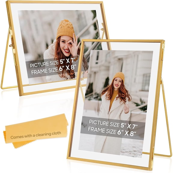 Gold Floating Frame Set of 2, 6 x 8 Tempered Glass Floating Picture Frames for Vertically and Horizontal Tabletop Display, Fit for Multi Size 5x7, 4x6 3x5 Photos