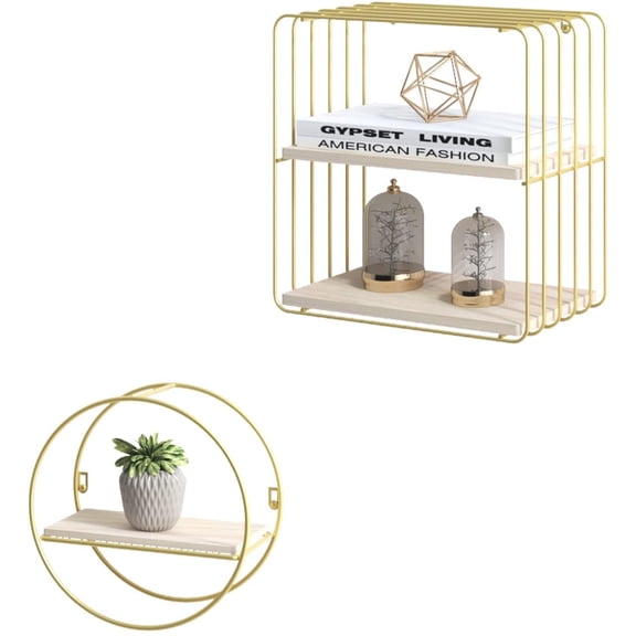 Gold Floating Wall ShelfWall Mouted Storage Shelves with Metal Frame for Living Room, BedroomKitchenBathroomSquare and Circle2 PCS