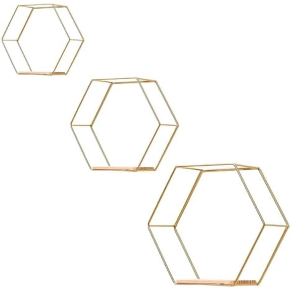 Gold Floating Wall Shelves Set of 3,Metal Hexagon Shelving Geometric Wall Mounted Design for Living Room, Bedroom, Kitchen & Office Decor, Easy Install Modern Display Shelves with Golden Finish