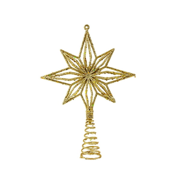 Gold Flocked 3D Eight-Point Tree Topper Star With Pull String, Plastic Christmas Tree Top Decoration