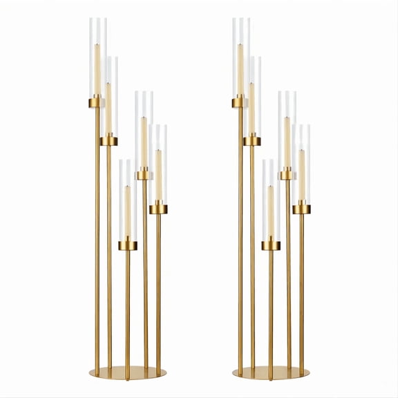 Gold Floor Candelabra,5 Arm Candle Holder Tall Floor Candle Holder With Acrylic Lampshade For Wedding Table Birthday Party Home Decoration Fit LED Taper Candles