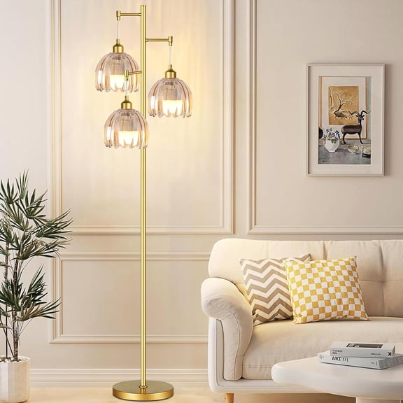 Gold Floor Lamp, 3-Light Tree Style – Mid-Century Modern Brass Tall Lamp, Soft Amber Glass Shade, Adds Warm Glow to Living Room & Bedroom Decor