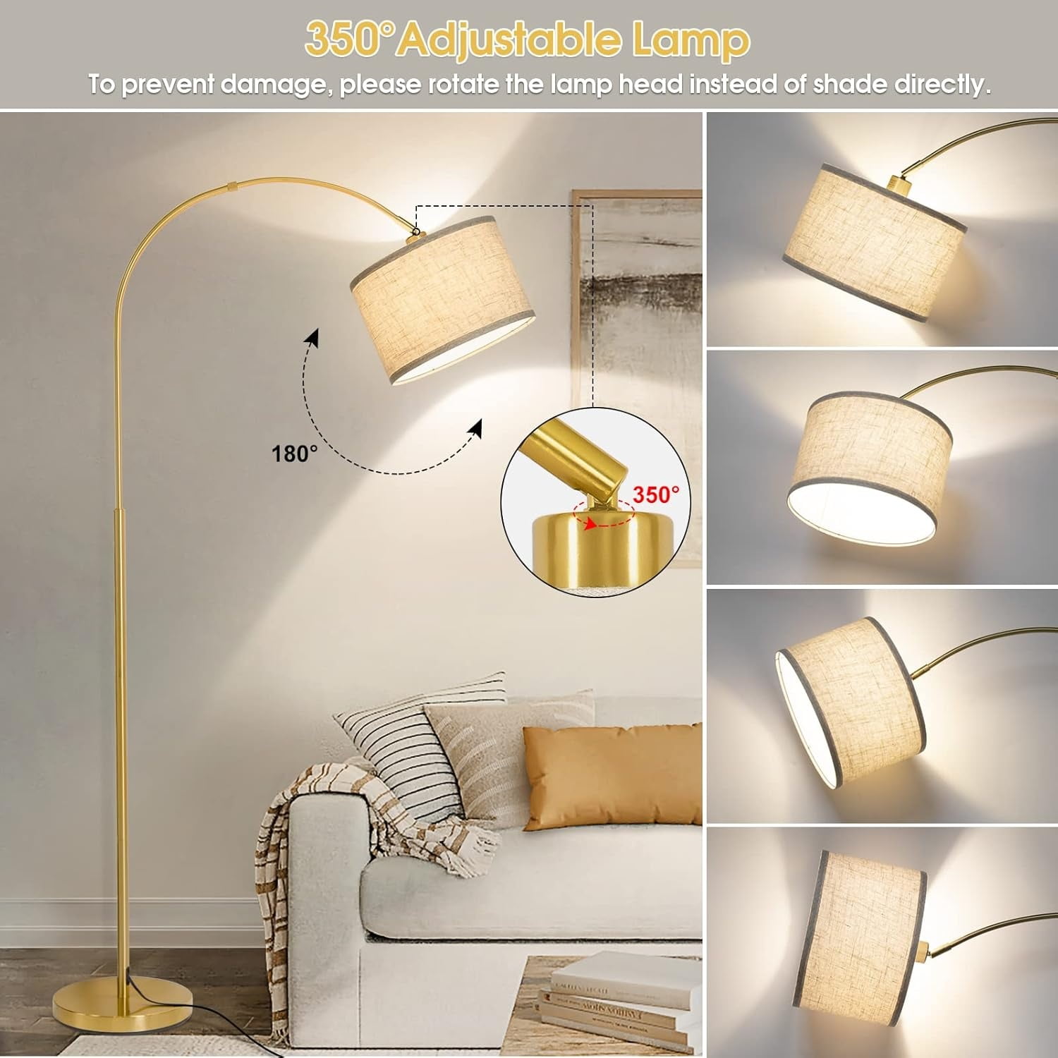 Gold Floor Lamp, Floor Lamp for Living Room with Adjustable Lampshade, Modern Tall Standing Lamp with On/Off Foot Switch, Over Couch Reading Light for Reading, Bedroom, Office