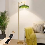 Gold Floor Lamp for Living Room,Bedroom,Mid Century Modern Standing Lamp with Remote,Dimmable Brass Tall Lamp Green Glass Lamp Shade Vintage Retro Arc Floor Lamps Floor Light  Bohemian
