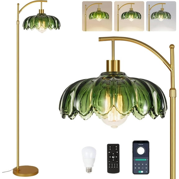 Gold Floor Lamp for Living Room,Bedroom,Mid Century Modern Standing Lamp with Remote,Dimmable Brass Tall Lamp Green Glass Lamp Vintage Retro Arc Floor Lamps Flower Floor Light Boho Bohemian
