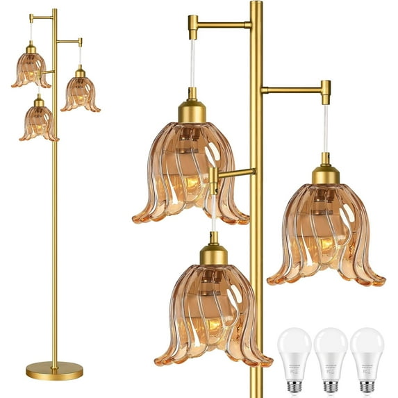 Gold Floor Lamp for Living Room,Bedroom,Tree 3 Light Standing Lamp Mid Century Modern Brass Tall Floor Lamps Vintage Retro Floor Lights Glass Flower Amber Lamp Shade Farmhouse Boho Bohemian