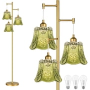 Gold Floor Lamp for Living Room,Bedroom,Tree 3 Light Standing Lamp Mid Century Modern Brass Tall Floor Lamps Vintage Retro Floor Lights Glass Green Flower Lamp Shade Farmhouse Boho Bohemian