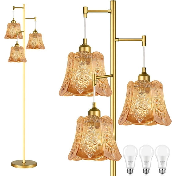 Gold Floor Lamp for Living Room,Bedroom,Tree 3 Light Standing Lamp Mid Century Modern Brass Tall Floor Lamps Vintage Retro Floor Lights Glass Green Flower Lamp Shade Farmhouse Boho Bohemian