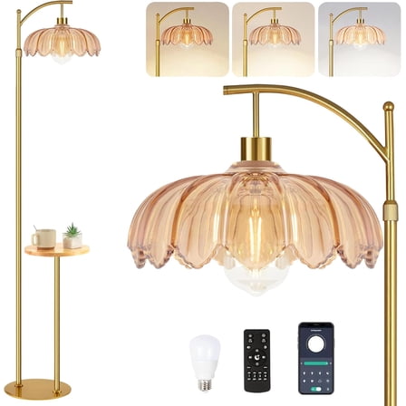 Gold Floor Lamp with Table and Shelves for Living Room Bedroom,Glass Standing Lamp with Remote Dimmable,Boho Brass Tall Lamp Vintage Farmhouse Arc Flower Floor Light Bohemian