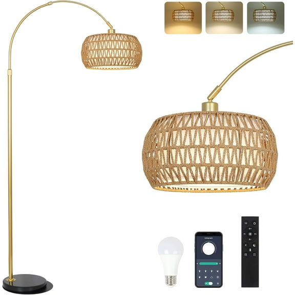 Gold Floor Lamps for Living Room, Arc Floor Lamp with Remote & Dimmable Bulb,  Rattan Standing lamp with 3 Color Temperatures, Height Adjustable Tall Lamp for Bedroom, Over Couch Reading Lamp