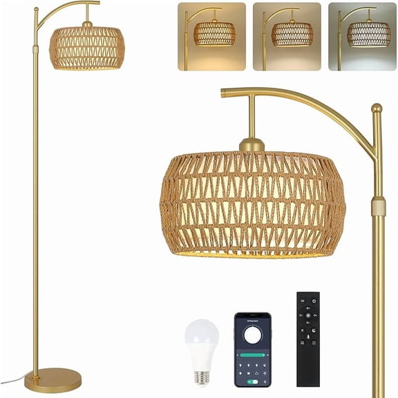 Gold Floor Lamps for Living Room with Remote & Dimmable LED Bulb, Modern Arc Floor Lamp with 3 Color Temperatures, Boho Standing Lamp with Rattan & Fabric Shades, Adjustable Tall Lamp for Bedroom