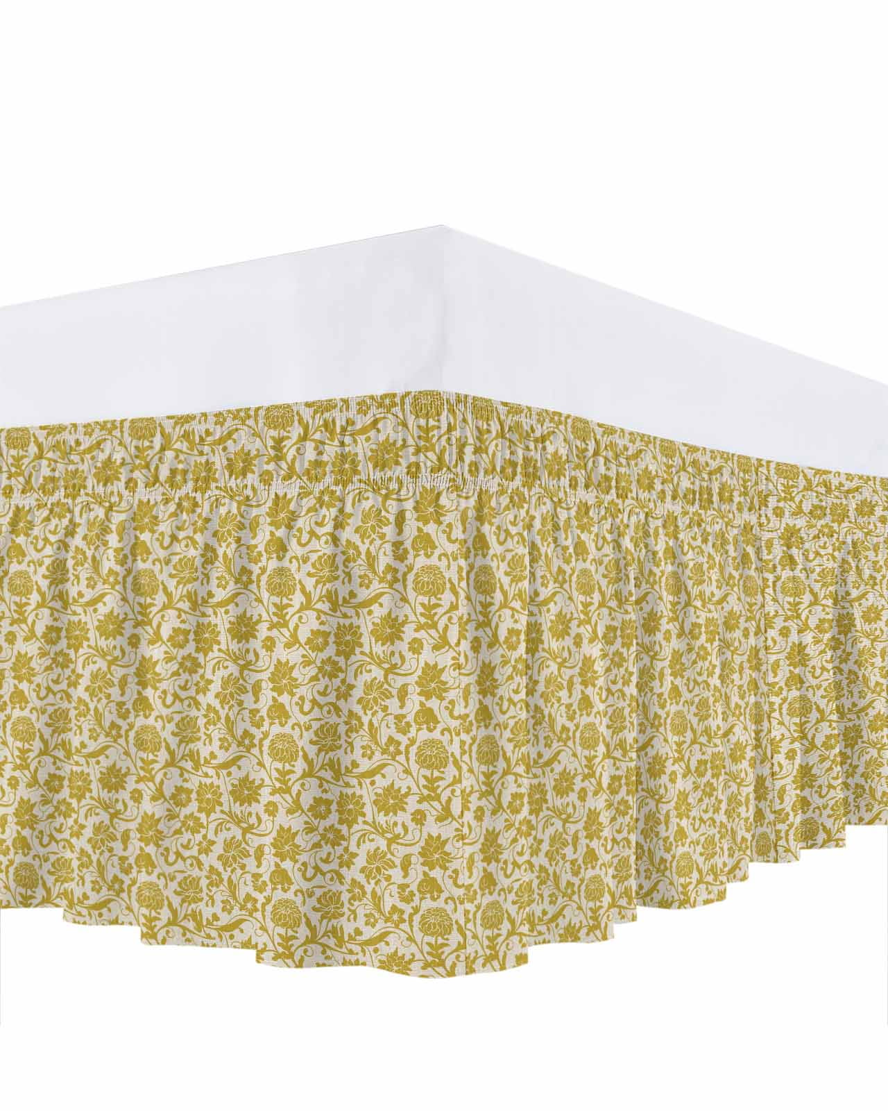 Gold Floral Bed Skirt Queen Size 18 Inch Drop, Vintage Spring Flower Bohemian Golden Flowers Leaf Adjustable Elastic Dust Ruffles Bedskirt for Queen Bed Wrap Around Pleated Mattress Frame Cover