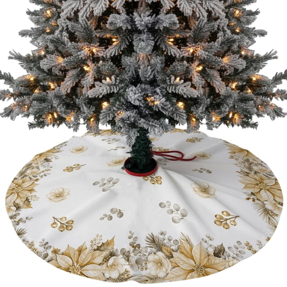 Gold Floral Christmas Tree Skirt 48 Inch, Farmhouse Winter Pine Branches Berries Xmas Tree Skirt, Christmas Tree Mat Ornaments for Home New Year Party and Holiday Decor Supplies