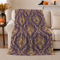 thumbnail image 1 of Gold Floral Damask on Purple Field, Elegant Vintage Style for Pattern Lovers, Ornate Baroque Floral Pattern and Housewarming Gift, Cozy Flannel Blanket for Bedroom and Guest Room, Home Decor, 1 of 9