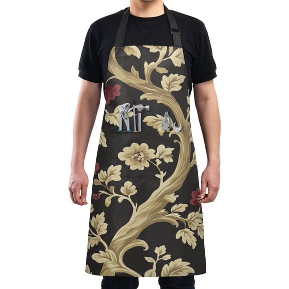 Gold Floral Design Chef Kitchen Apron with Pockets for Women Waterproof Aprons for Cooking Baking