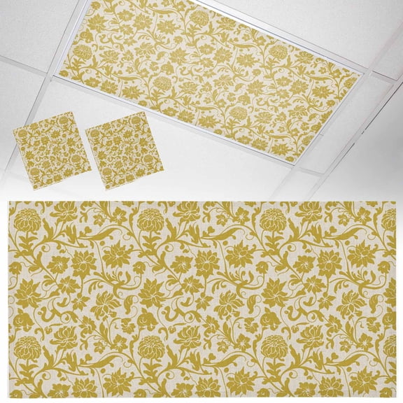 Gold Floral Fluorescent Light Covers Vintage Spring Flower Bohemian Golden Flowers Leaf Magnetic Light Filters Ceiling Lighting Panel Shade for Classroom Office Home 2 x 4 ft, 2 Pack