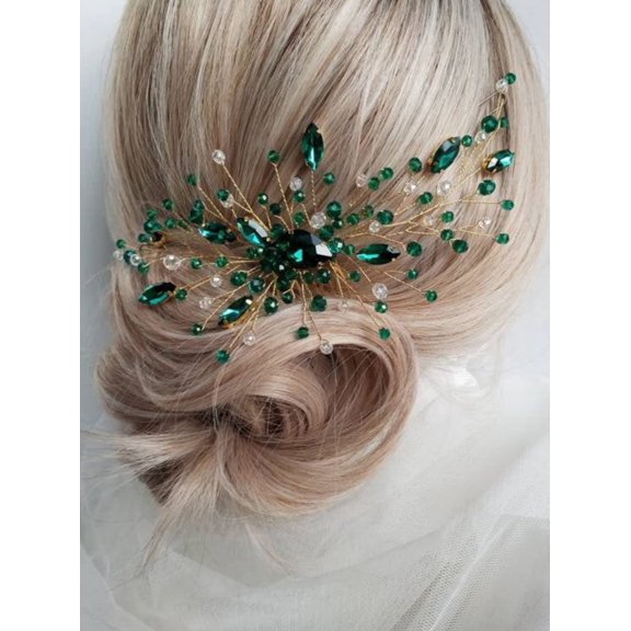 Gold Floral Green Rhinestone Crystal Side Hair Comb, Elegant Bridal Wedding Hair Piece, Decorative Hair Accessory for Women Wedding Party