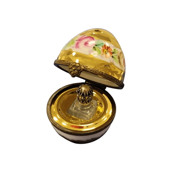 Perfume in Gold White Limoges Porcelain Egg w Flowers Limoges Box Porcelain Figurine