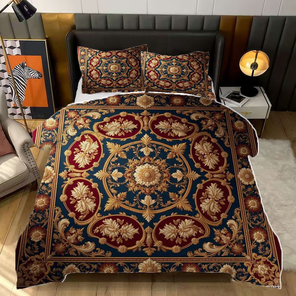 Gold Floral Pattern On Blue Background Comforter Set Queen Size Bedding ...