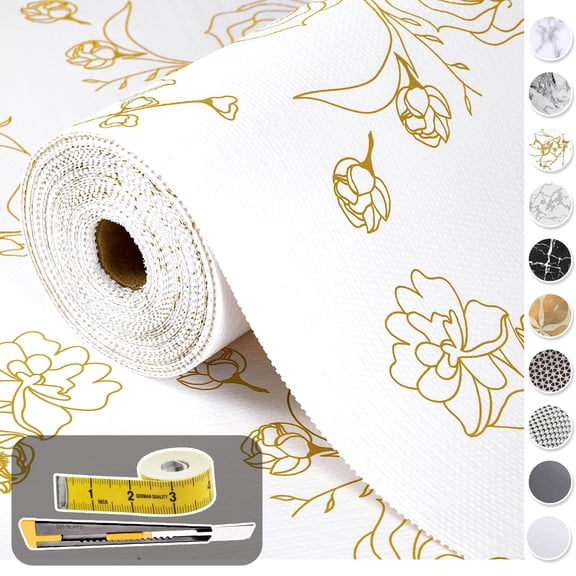Gold Floral Pattern Shelf Liners 12in x 20FT, Non Adhesive Kitchen Cabinet Drawer Liner, Thickened Non-Slip for Toolbox Refrigerator Storage