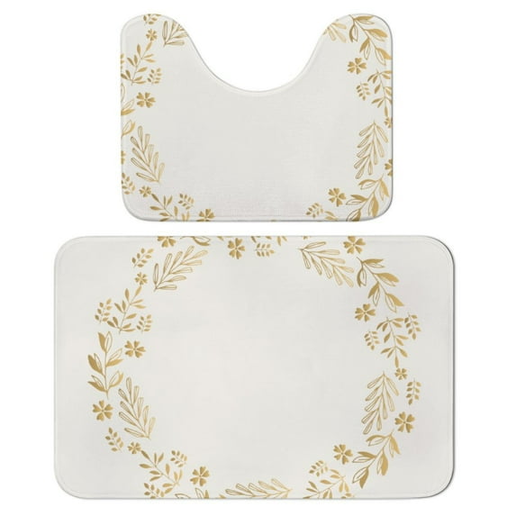 Gold Floral Round Frame Bathroom Rugs Set 2 Pieces, Bathroom Set - Quick Drying Bath Mat And U-Shaped Toilet Rug, Water Absorbent Bath Carpet For Bedroom Floor Living Room, Machine Washable