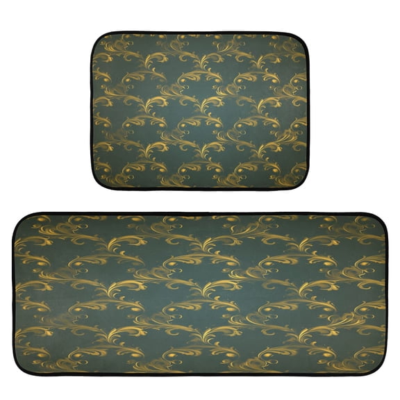 Gold Floral Scrolls Pattern 2-Piece Kitchen Carpet Mat Set, Non-Slip Memory Foam, Soft for Kitchen and Living Room Use
