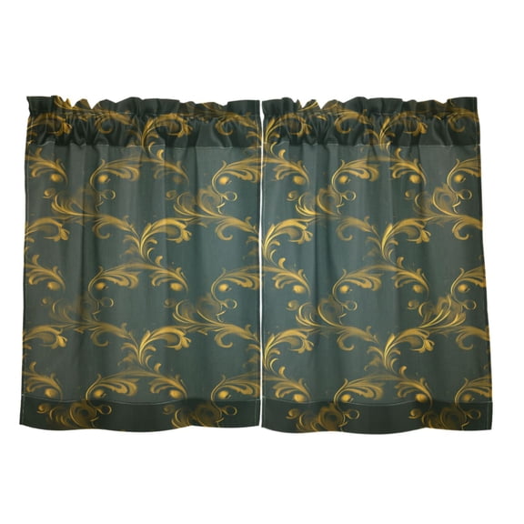 Gold Floral Scrolls Pattern 27"x24" Linen Look Cafe Curtain Set with Privacy and UV Protection