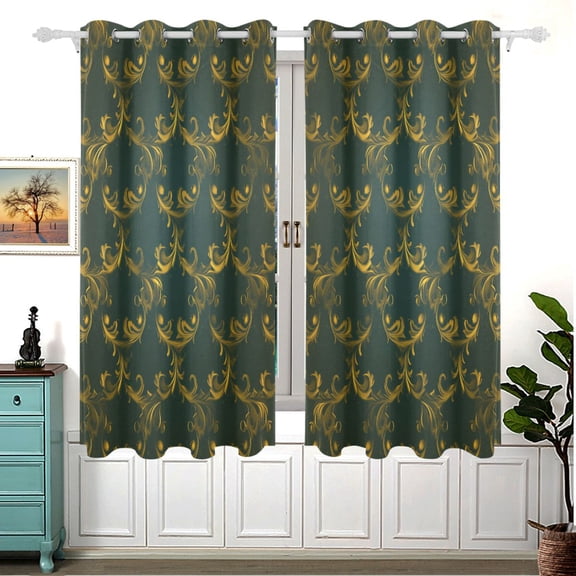Gold Floral Scrolls Pattern 63x55in Window Curtain Panels 63x55in 2-Piece Heavy Duty 80% Light Blocking