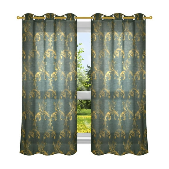 Gold Floral Scrolls Pattern Breathable Sheer Curtains 63x52in Soft Light Filtering, UV Protection and Thermal Insulation