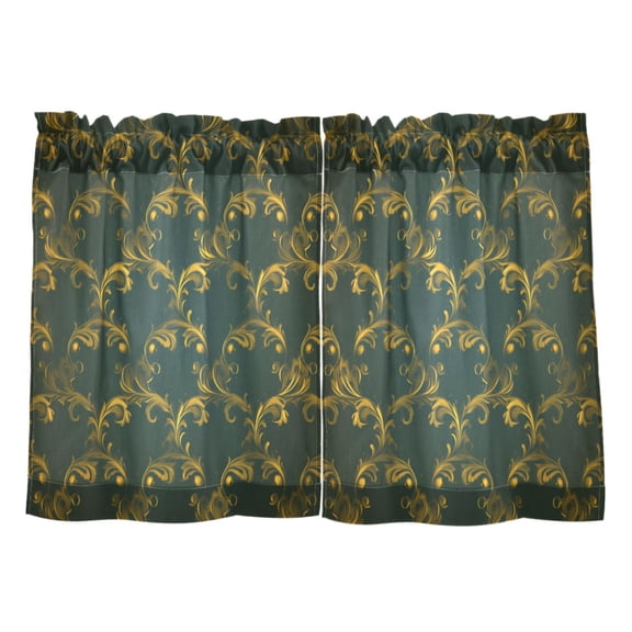 Gold Floral Scrolls Pattern Kitchen Curtains Tier Set 27x24 Inch 2 Panels Semi Sheer Light Filtering Privacy UV Protection